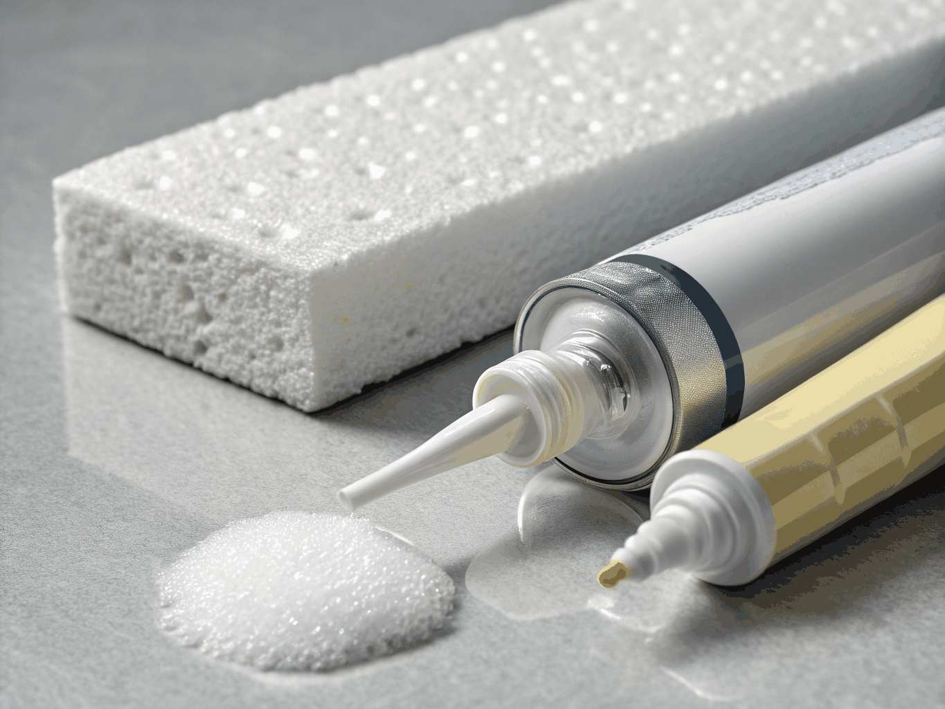 Industrial silicone cartridges and hybrid polymer sausages on factory bench