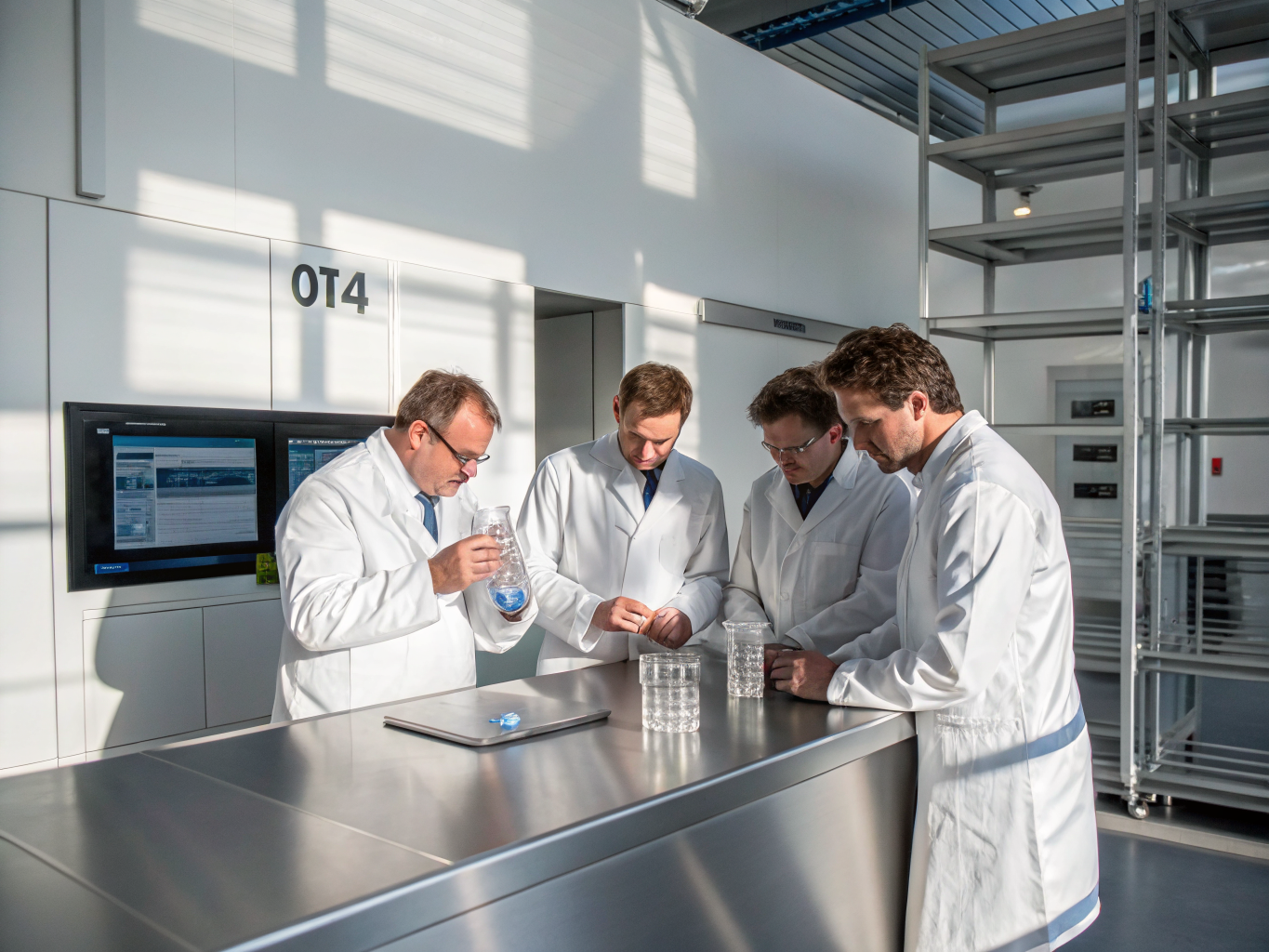 Chemical technicians in protective suits conducting quality inspection tests in laboratory
