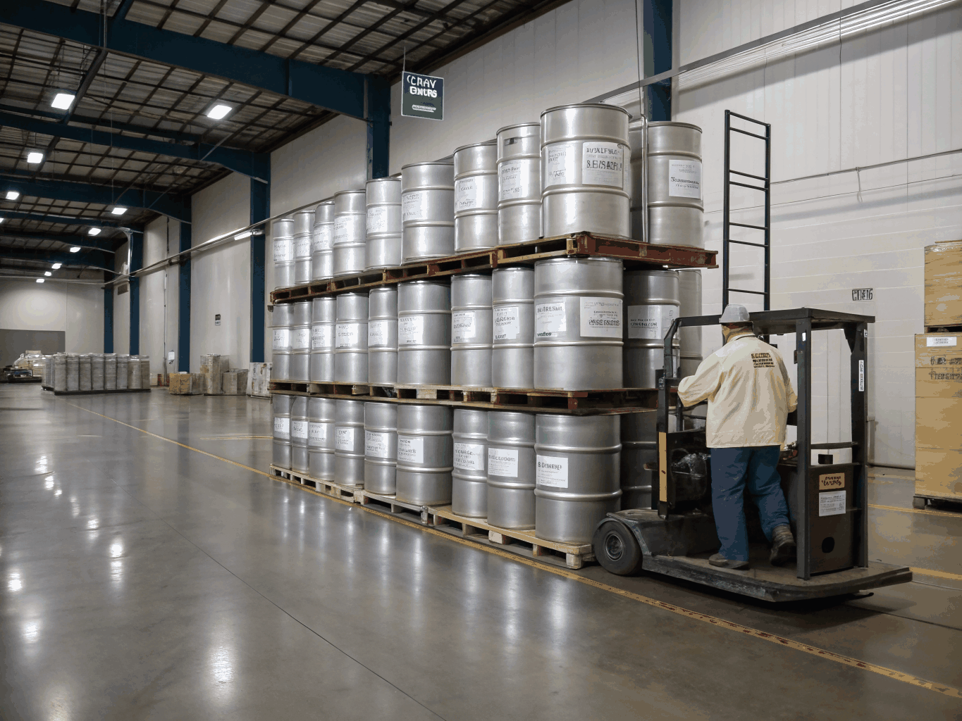 Multi-tier industrial pallet racking with bulk chemical drums and export containers