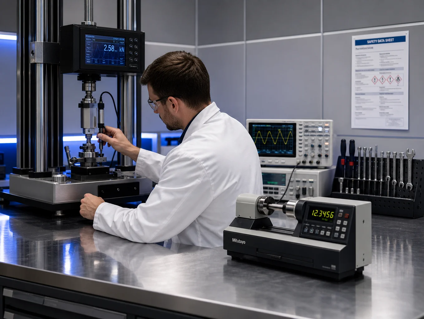 Quality control inspector measuring cured adhesive sample with digital calipers in testing laboratory
